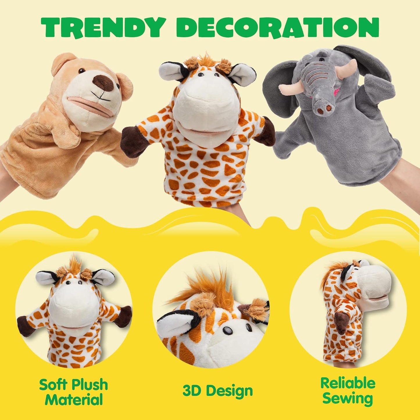 JOYIN 6Pcs Kids Hand Puppet Set with Working Mouth, Toddler Plush Toy Includes Elephant, Giraffe, Lion, Bear, Raccoon and Monkey for Show Theater, Easter Birthday Gifts for Kid