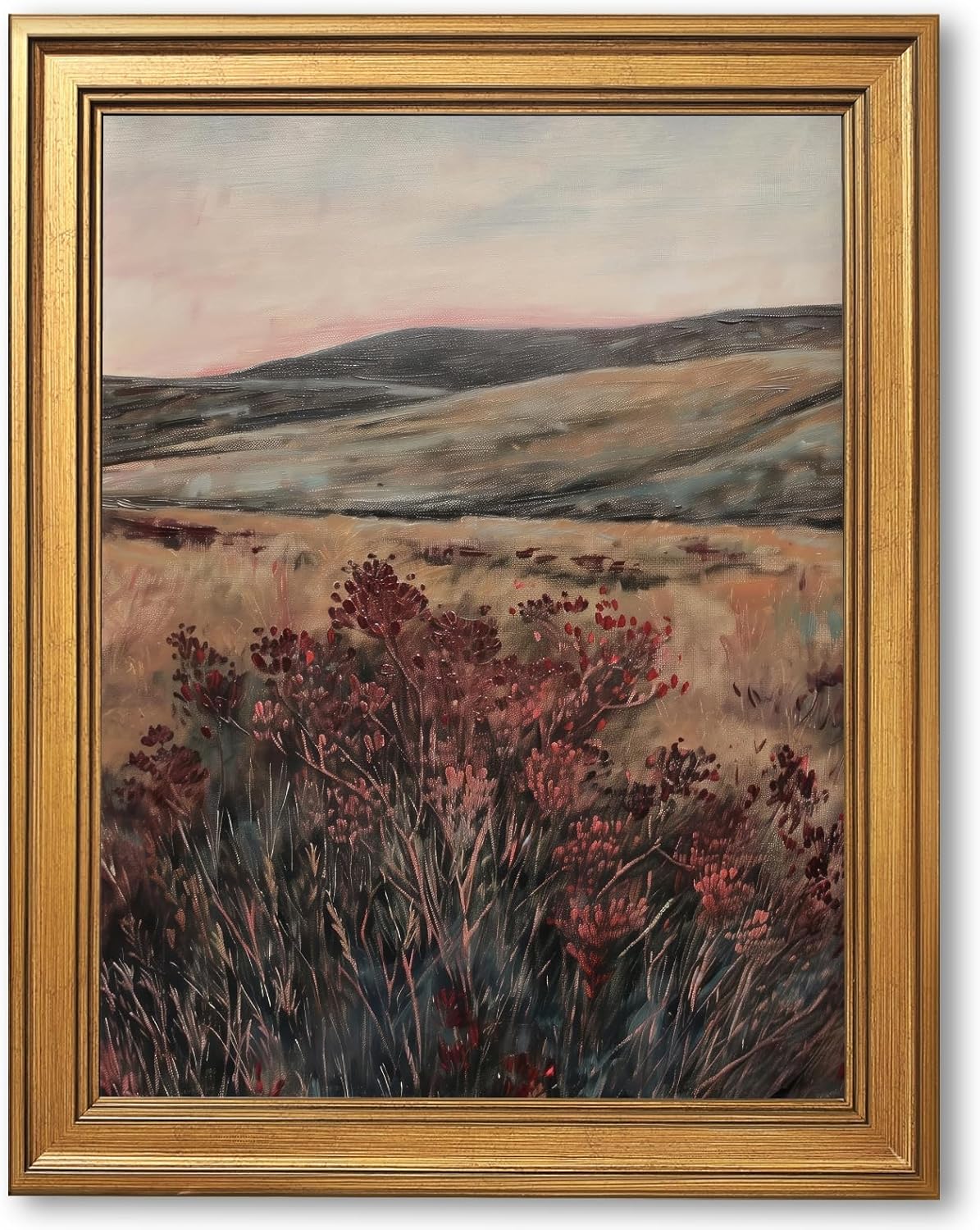 Gold Framed Landscape Canvas Wall Art Vintage Moody Dark Maroon Wildflower Oil Painting Poster Nature Botanical Flower Wilderness Picture Rustic Country Farmhouse Home Bedroom Decor 12x16inch