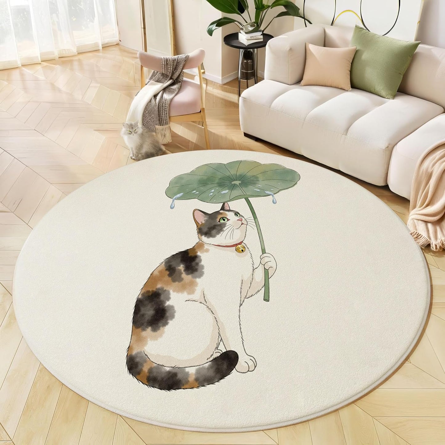 Watercolor Lotus Leaf Cat Round Rugs 3Ft, Chinese Animal Round Living Room Area Rug, Washable Large Soft Circle Rug for Bedroom, Non Slip Ultra Thin Floor Carpet for Dining Room, Cream Color