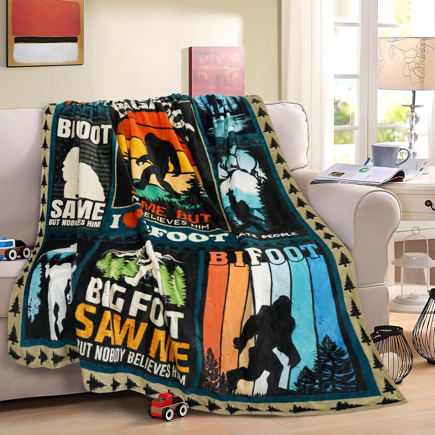 Bigfoot Gifts for Men Women Sasquatch Sherpa Blankets Soft Flannel Reading Blanket Cozy Warm Bedding Fuzzy Big Foot Throw Blanket for Couch Bed Sofa Decor Funny Dad Birthday, 60"X50"