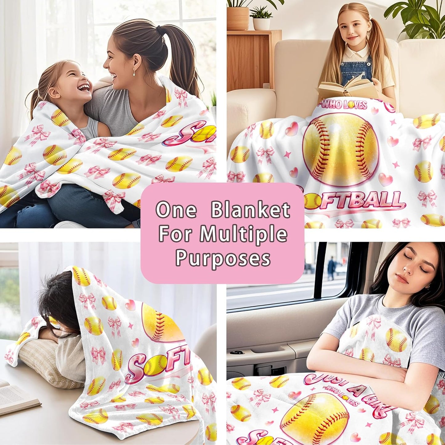 Softball Blanket Gifts for Girls Women Softball Lovers Plush Cozy Flannel Pink Bow Softballs Throw Blankets Softballs Team Stuff Gifts for Birthday Bed Decor Kids Teens Adults 50"x40"