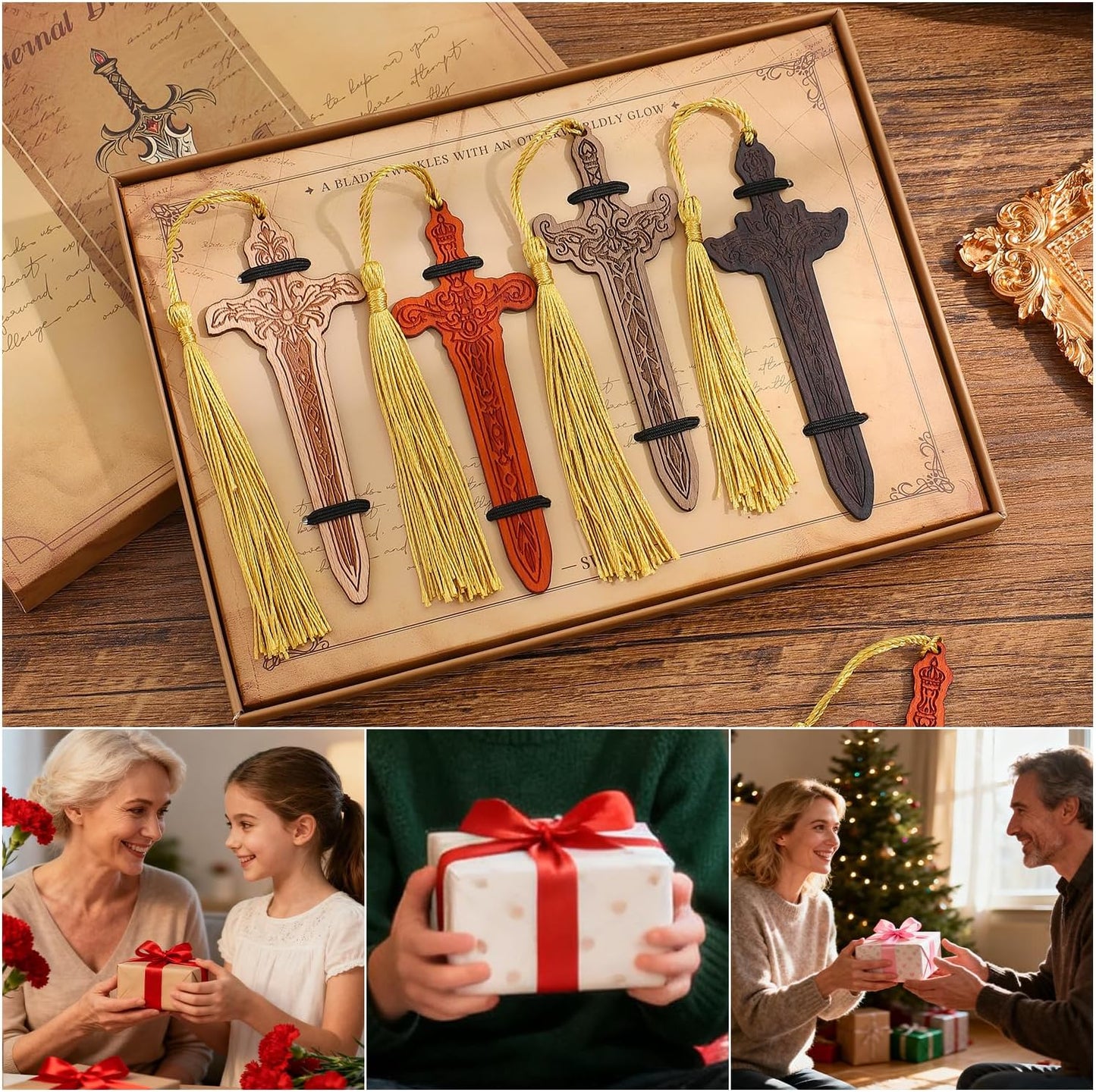 4 Pieces Sword Bookmarks with Tassel, Vintage Bookmarks for Reading, Personalized Wooden Bookmark, Unique Pattern Bookmark Engraved, Birthday Gift for Men, Women, Girls, Boys