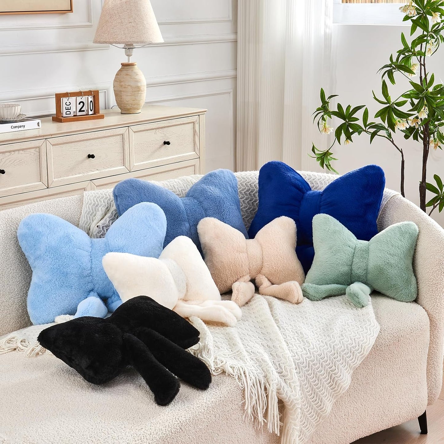 Ivory Bow Pillow, Soft Bow Decorative Pillows with Faux Rabbit Fur, Cute 12" Bow Throw Pillows, Aesthetic Home Decor Bow Shaped Plush Pillow for Bedroom Sofa Couch