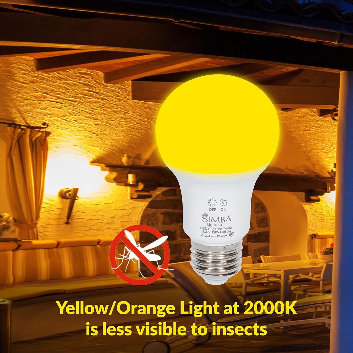 Simba Lighting Bug Non-Attracting Yellow LED Bulb 6W 40W Equivalent, Great for Outdoor Porch Light, Night Light, Dusk-to-Dawn Smart Sensor Auto On/Off, Amber Warm Light, A19 E26 Medium Base, Pack of 2