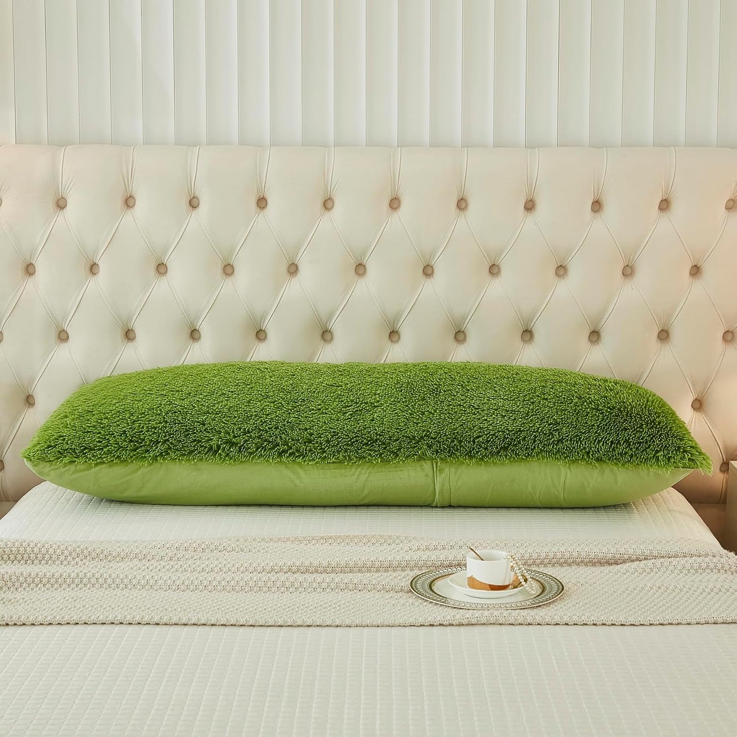 Uhamho Body Pillow Cover Large Fluffy Shaggy Lumbar Full Body Pillowcase 21 x 54 Inches Soft 1 Pack Modern Home Decorative Zipper Closure, Apple Green