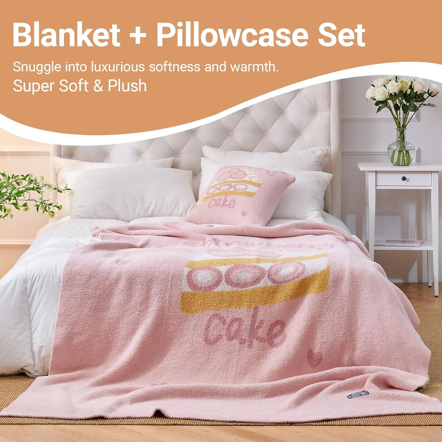 YIRUIO Strawberry Cake Plush Blanket & Pillowcase Set,Ultra Soft Cozy Warm Thick Fuzzy Fluffy 50x60 Throw Pink with 18x18 Pillow Cover for Bed Sofa Couch Home Decor Gift