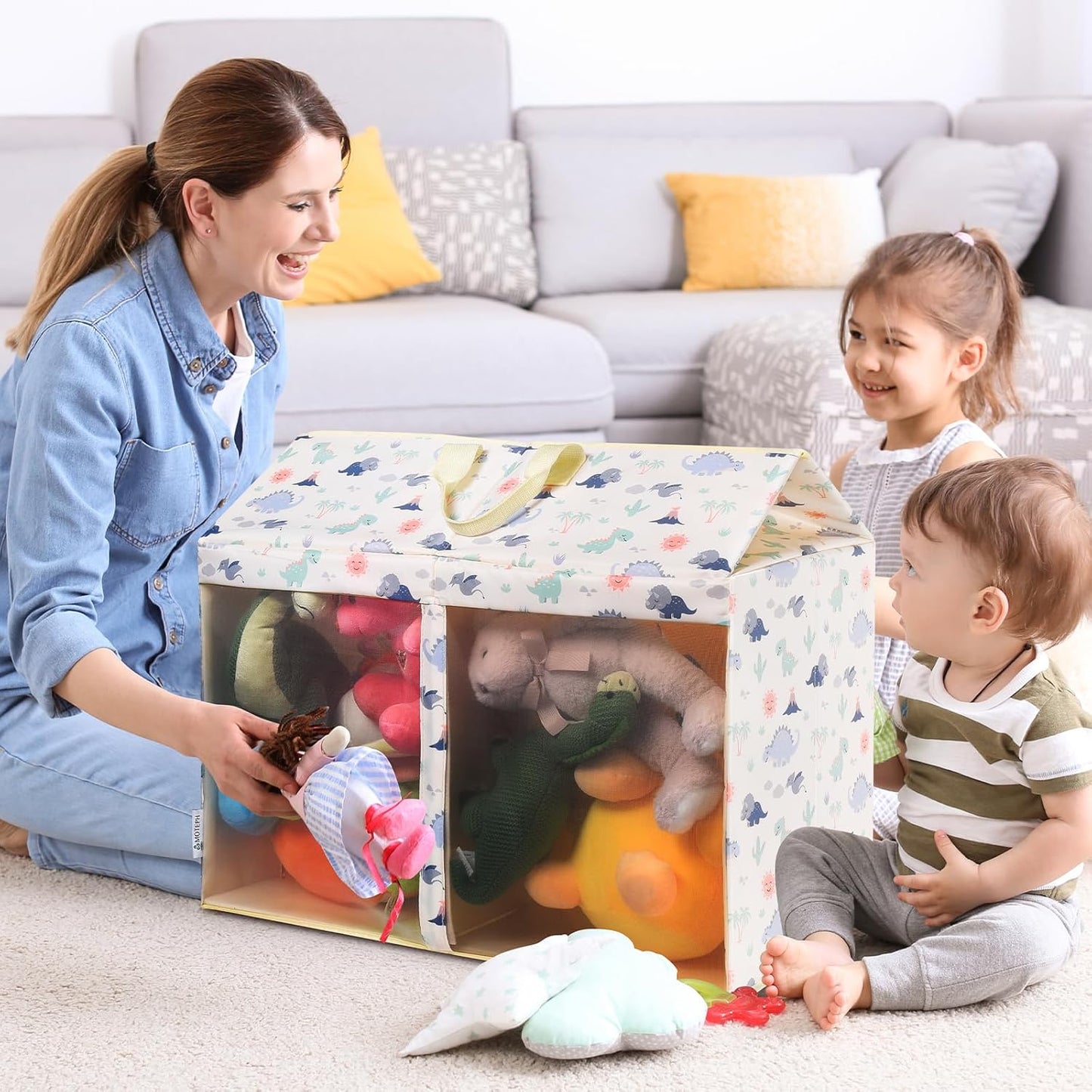 Moteph Toy Box with Lid, Collapsible Dinosaur Toy Chest with Mesh Window & Divider, Large Stuffed Animal Storage Bin for Playroom, Kids Room, Nursery Organization, Toy Bin for Boys & Girls