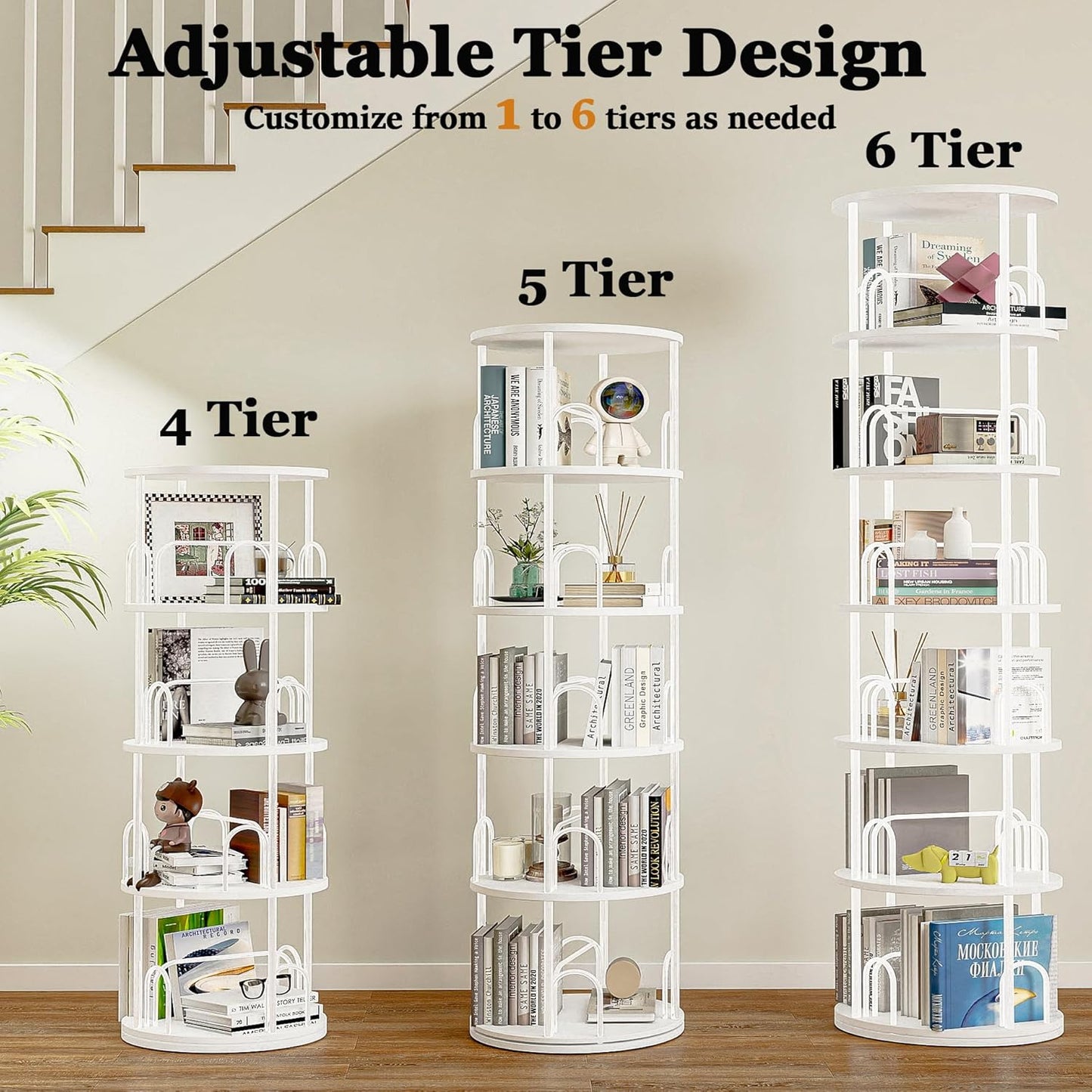 4 Tier Round Rotating Bookshelf Revolving Bookcase, 360° Spinning Book Shelf Tower for Kids, Narrow Rolling Bookshelves for Small Space, Corner, Bedroom, Office