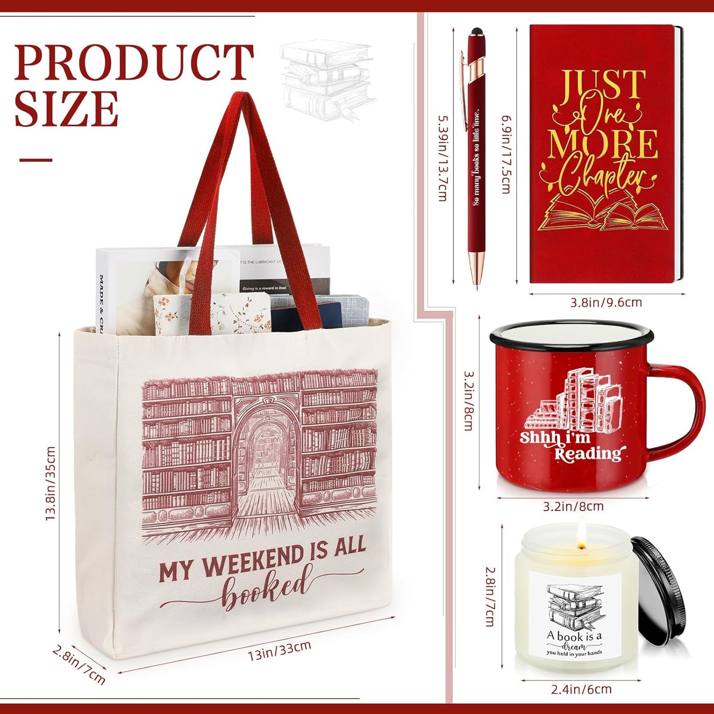 Jetec Set of 5 Book Lovers Gifts for Reader Include Canvas Tote Bag Journal Notebook with Ballpoint Pen Enamel Mug Scented Candle for Teens Librarian Bookish Author(Red)