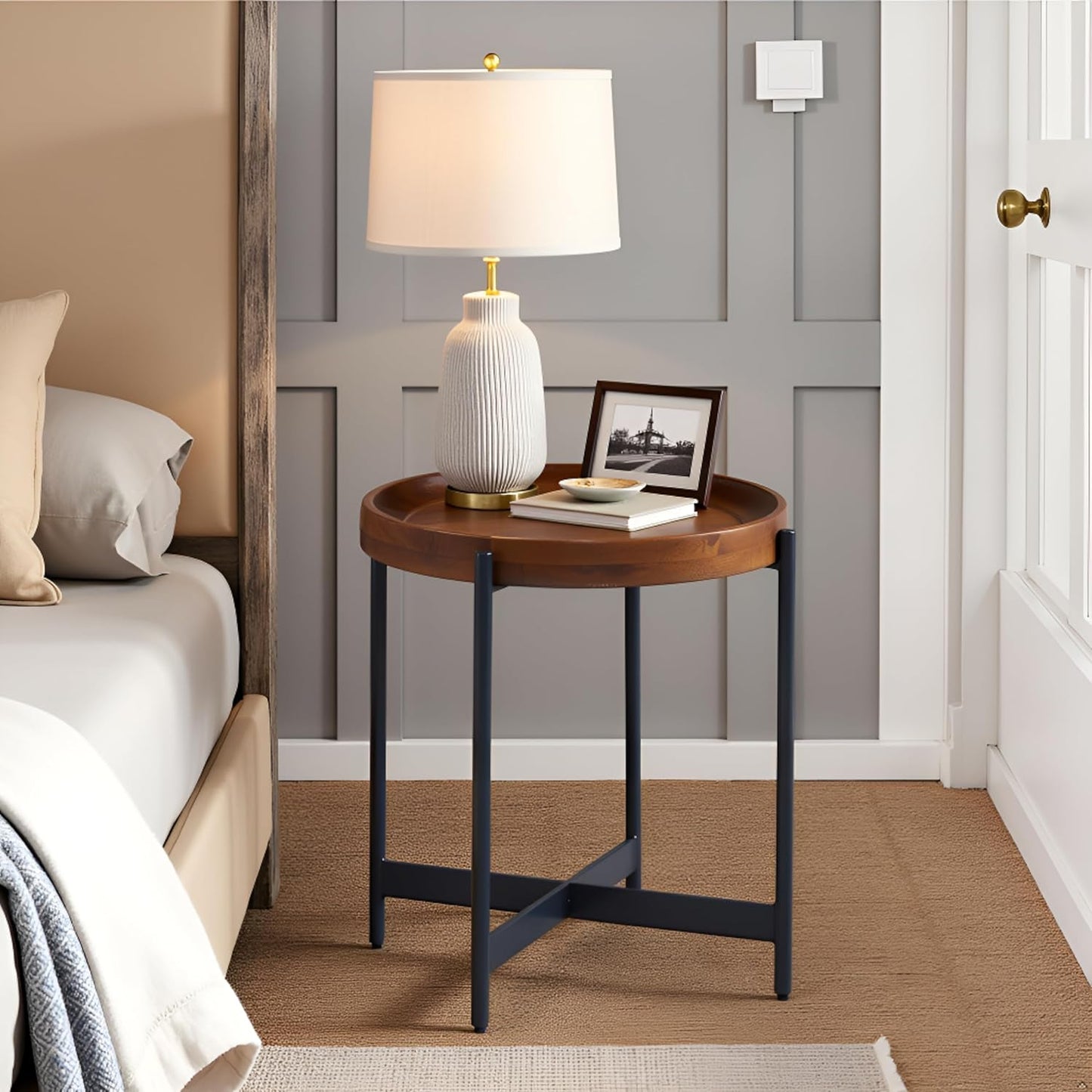 Brookline 20" Round Wood End Table – Solid Top with Tray Edge and Black Metal Legs – Rustic Farmhouse Accent Table for Living Room, Bedroom, or Small Spaces by Alaterre Furniture (Medium Chestnut)