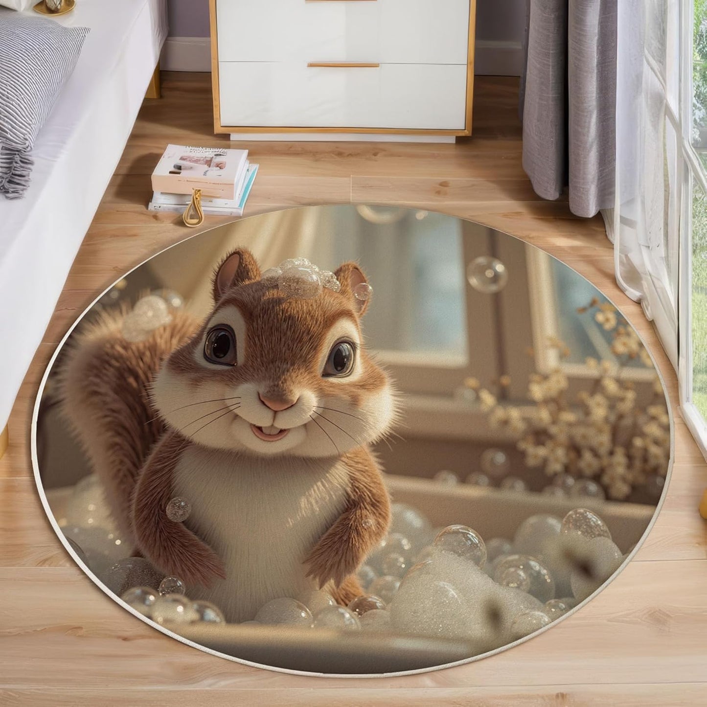 2Ft Round Washable Rug - Large Area Rug for Living Room Dining Room, Beige Soft Bedroom Carpet with Cute Squirrel Bathtub Pattern, Fun Animal Décor, Low Pile Stain Resistant