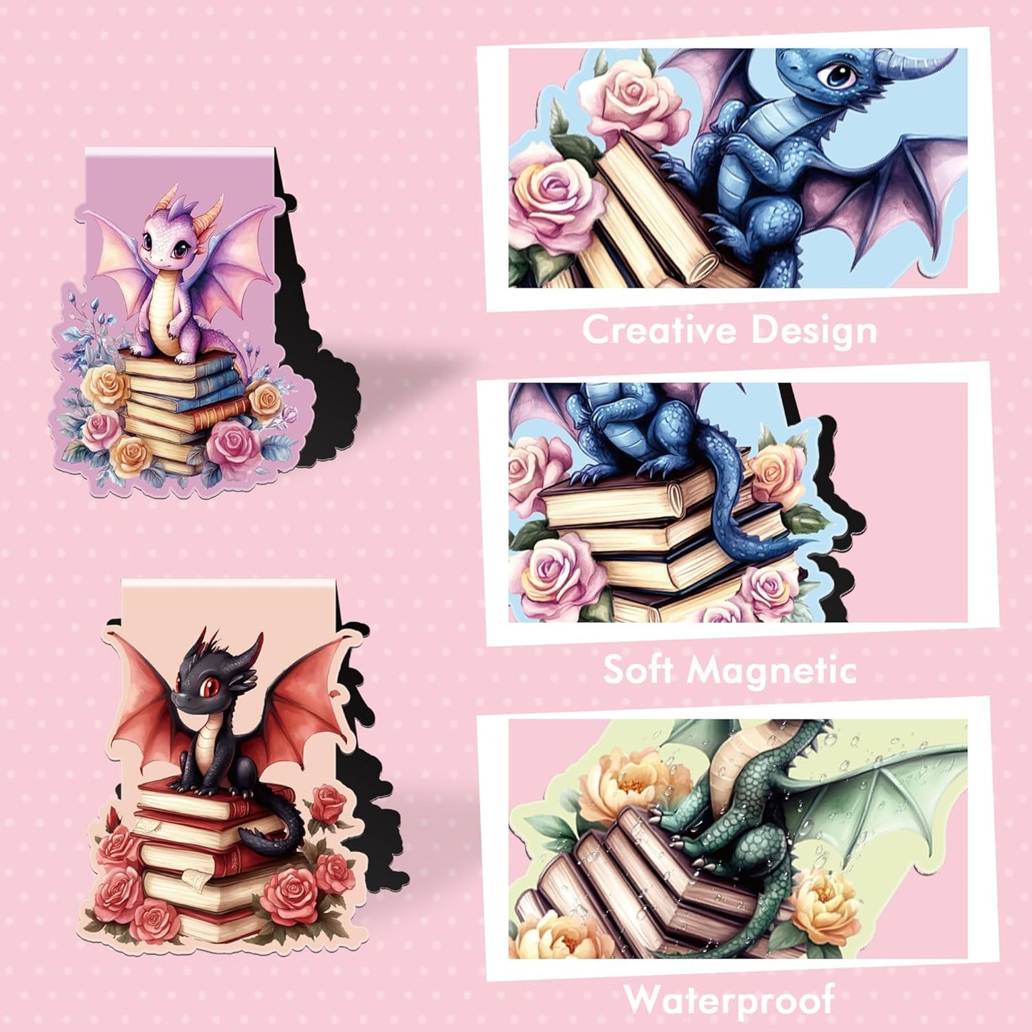 Dragon Magnetic Bookmarks: 8 PCS Floral & Cute Animals Magnet Book Markers for Reading Kids Boys Girls, Unique Dragon Book Mark Clips, Gifts for Novel Lovers Readers, School Office Supplies