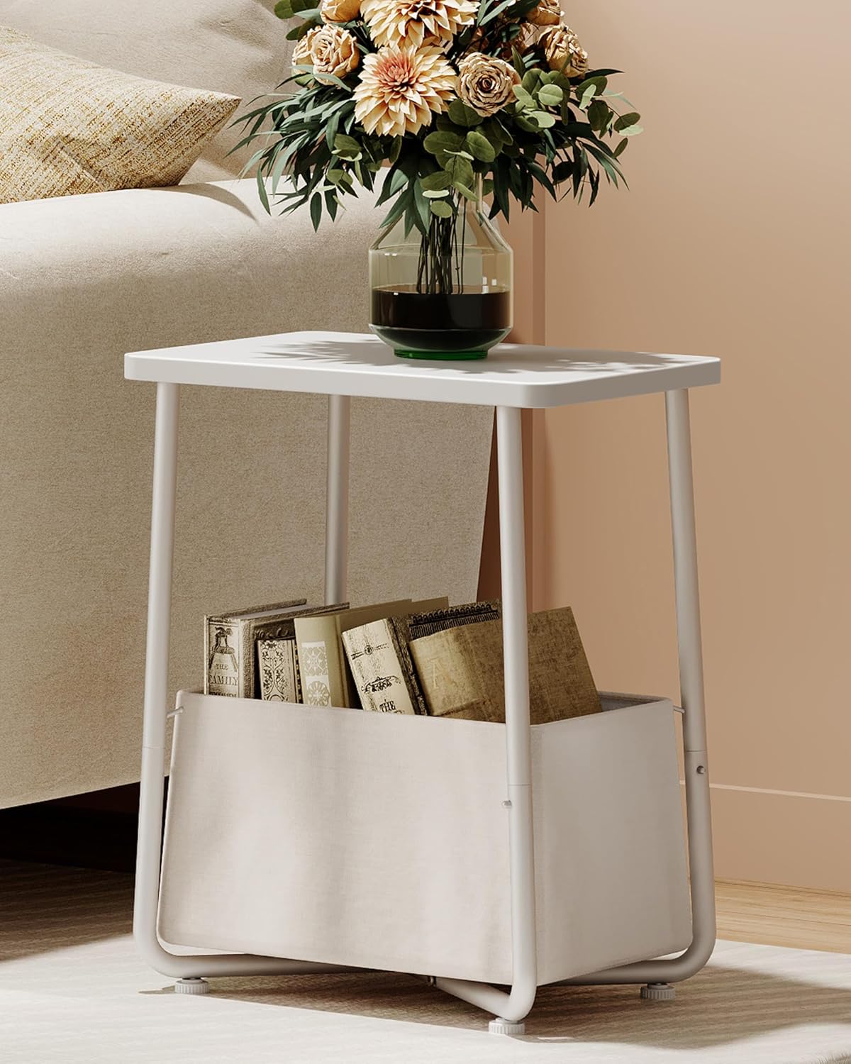Nursery Side Table, Small End Table for Small Spaces, Nightstand with Fabric Basket, for Nursery, Living Room, Bedroom, White TBZ13WB