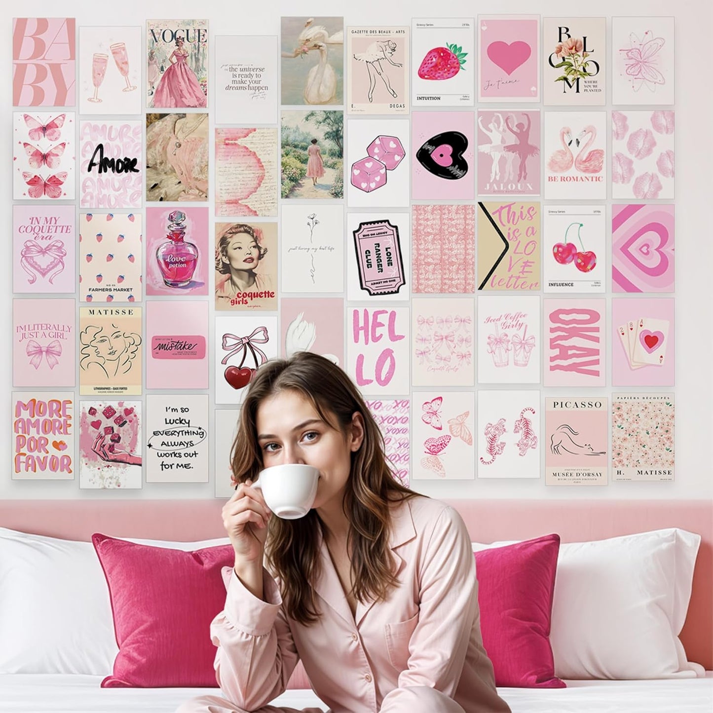 Fardes Coquette Room Decor Prints, 50pcs Cute Pictures for Pink Wall Decor, Coquette Wall Art, Poster Pack with Stickers for Teen Girls' Bedroom Decor