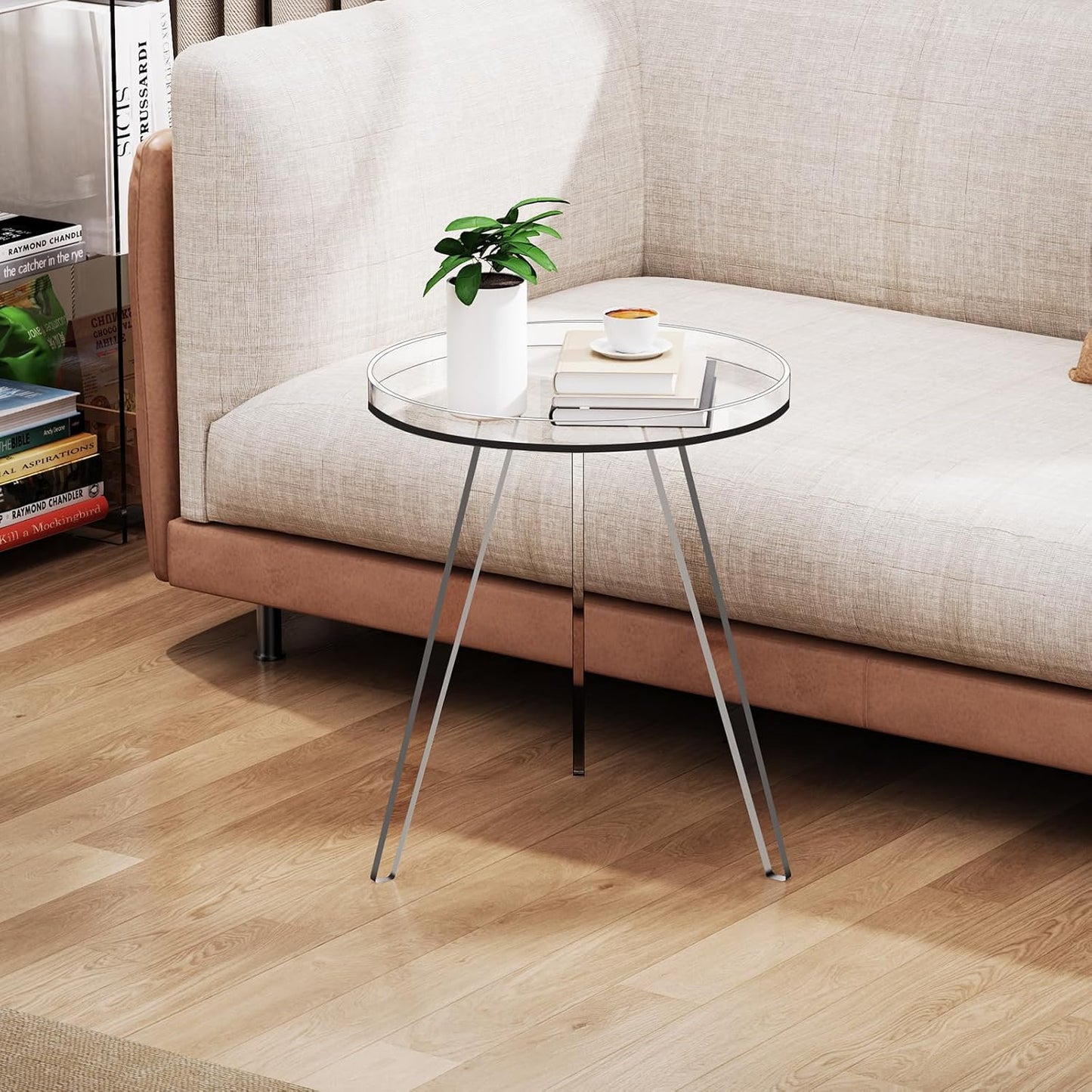 Clear Acrylic Side Table, Round End Table Nightstand Bedside Table Small Circle with Tray for Living Room Bedroom Office Small Space (Clear)