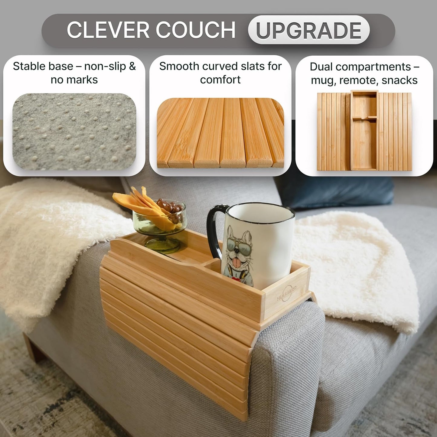 Bamboo Sofa Armrest Tray - Foldable Couch Arm Tray with Cup Holder - 2 in 1 Anti-Slip Sofa Armchair Caddy Table for Drinks, Phone, TV Remote, Snacks