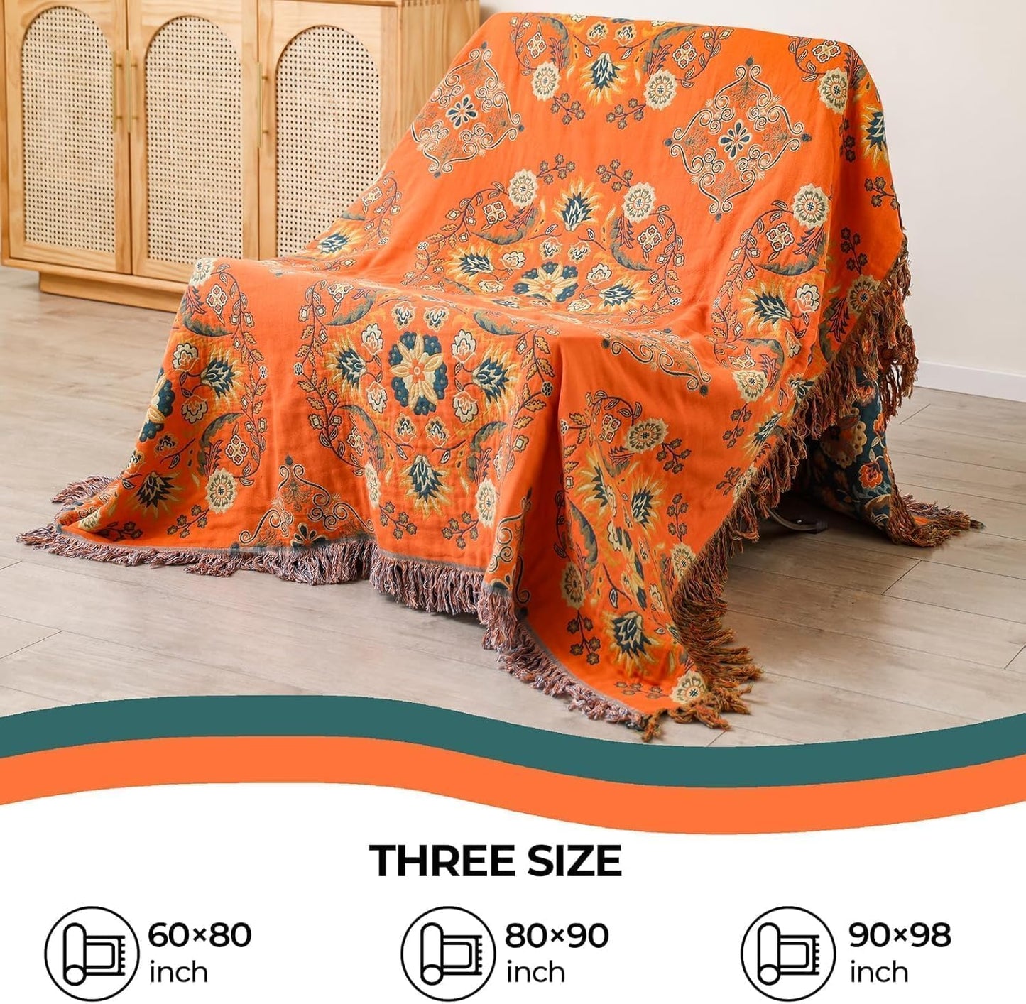 King Throw Blanket for Bed Couch,100% Organic Cotton Reversible Soft Quilt, Orange Floral Breathable Lightweight Blankets,90"×108" Extra Large Sofa Throws for 3 4 Seater with Tassels,Teal