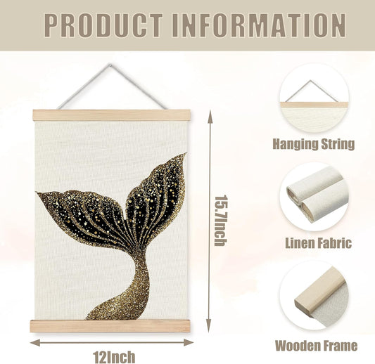 WUCHJ Black Gold Glitter Mermaid Wall Art Poster 12x16 Inch, Mermaid Room Decor for Girls, Coastal Beachy Hanging Wall Decor Canvas Prints for Girls Dorm Bathroom Nursery Bedroom Apartment Set of 2