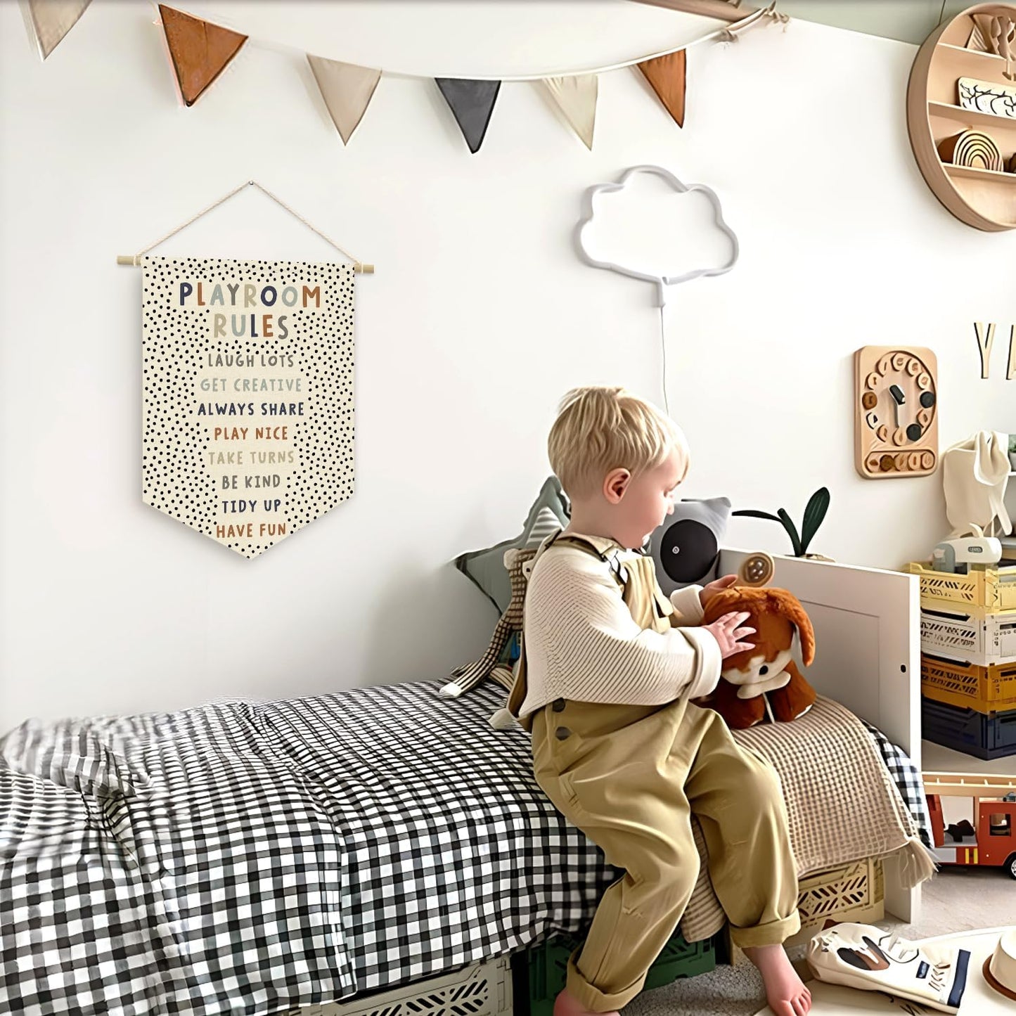 Playroom Decor, Playroom Rules Wall Hanging Pennant Flag Banner, Boy Nursery Decor, Boho Classroom Decor Baby Nursery Room Banner