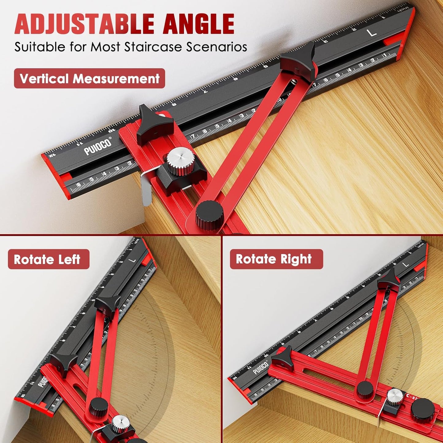 Stair Tread Template Tool, Stair Measuring Tool with Triangular Structure Brace and Edge Flip Stops, 8-72 in Solid Aluminum Alloy Stair Tread Jig for Accurately Measuring Stairs (Red)