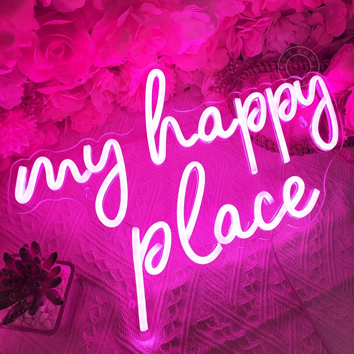 SYLHOME Pink My Happy Place LED Neon Light Sign USB Girls Babys Bedroom Living Room Kitchen Wall Decor Sign Wedding Birthday Party Sign Christmas Gifts 15.8" X 11.2" 5V Teens
