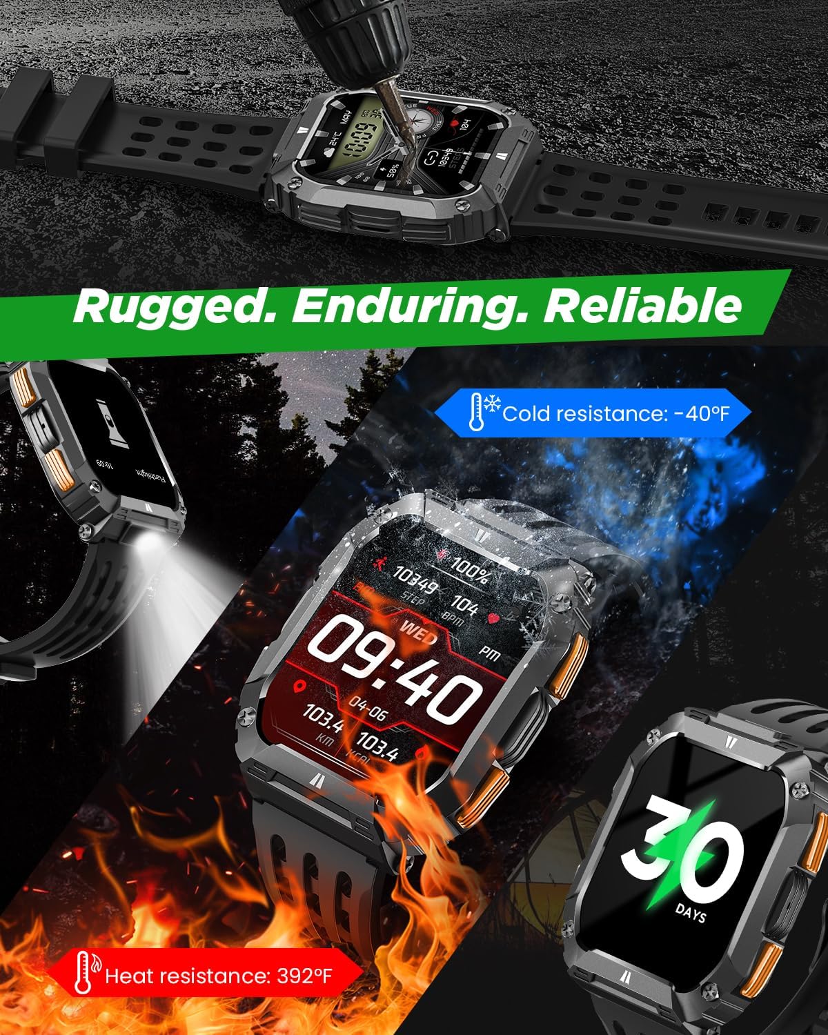 Smart Watches for Men, 1.95'' Fitness Watch: Waterproof Military Smart Watch with 100 Days Battery Life/Call/Flashlight/Sleep/SpO2/Heart Rate Monitor/Step Tracker, Sport Smartwatch for Android iPhone
