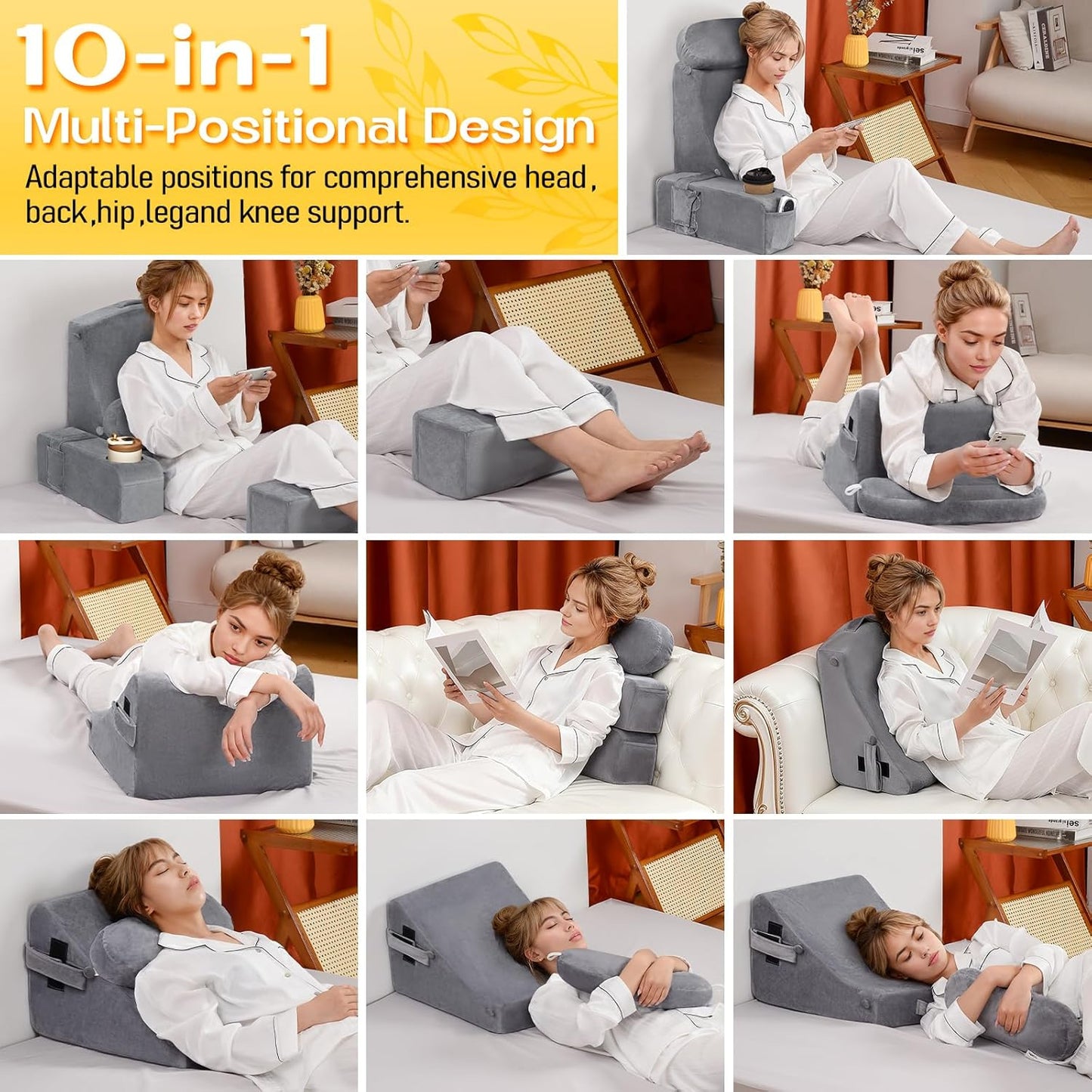 MOON PINE Reading Pillow for Adults, Memory Foam Backrest with Detachable Arms - Bed Pillow for Sitting Up, Built-in Cup Holder & Phone Pocket (Gray, 21 inch)