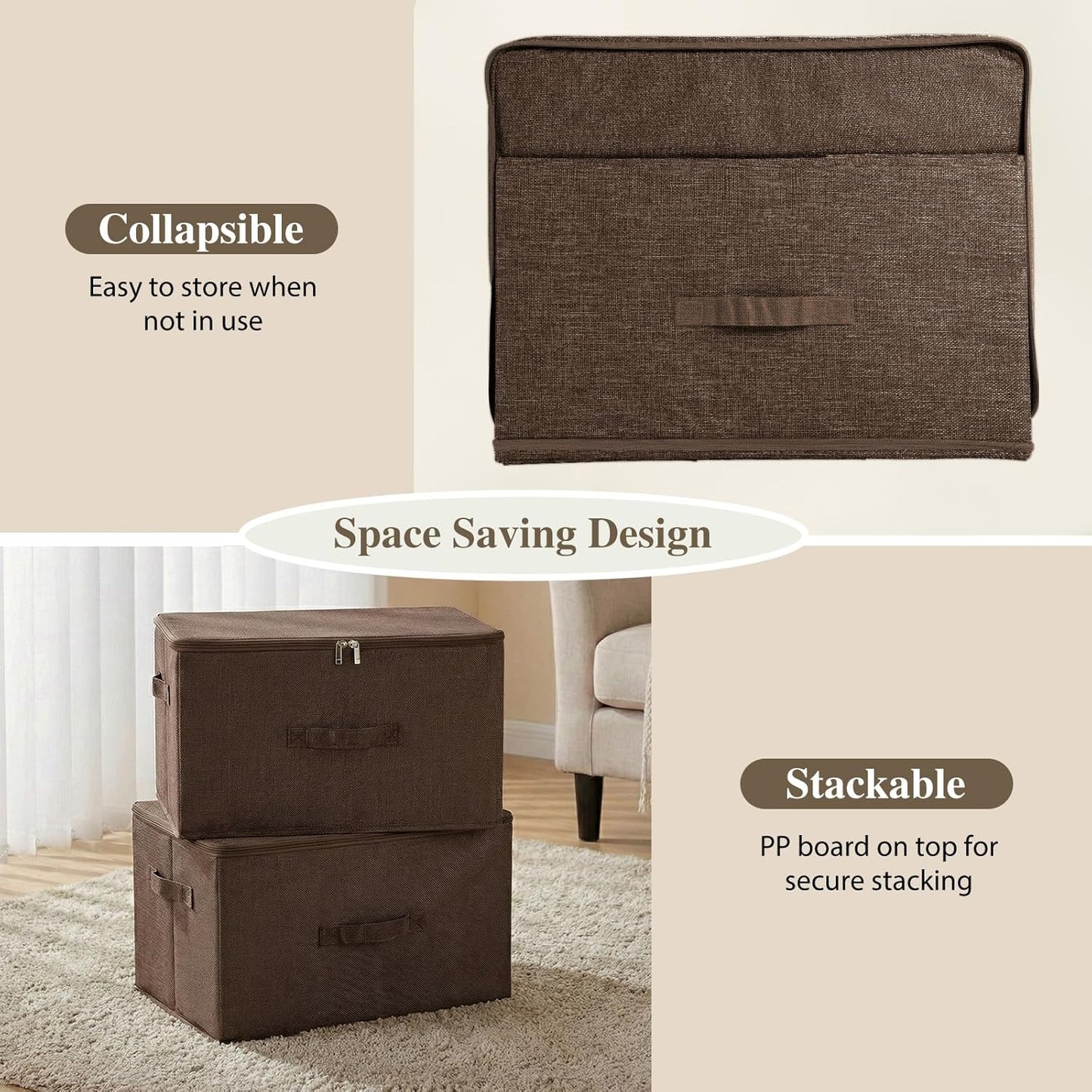 ANMINY 3PCS Storage Bins with Zipper Lids 36 Qt Lidded Fabric Storage Boxes Baskets Cubes with Handles Collapsible Washable Cotton Linen Closet Shelf Clothes Organizer Containers - Coffee, Large