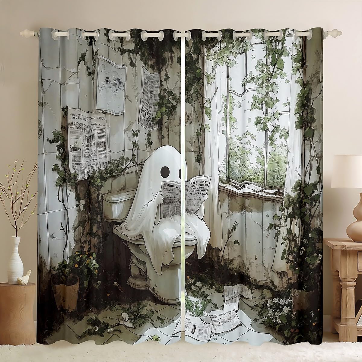 jejeloiu Cute Ghost Window Drapes (2 Panels, 52 x 84 Inch) Happy Halloween Blackout Shades Window Treatments for Kids White Ghost Festival Themed Reading Funny Curtains Room Darkening Curtain