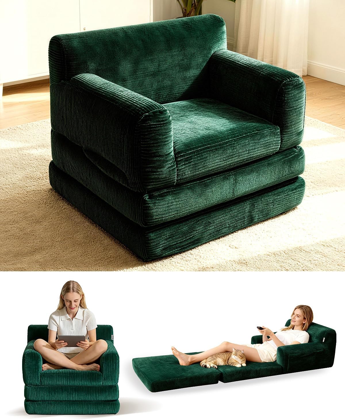 Boneless Couch Sofa Bed, Convertible Sleeper Chair with One-Piece High-Density Foam (No Lumps), Foldable Floor Mattress for Adults Guest Gaming, Non-Slip, Side Pockets, 84"x35", No Assembly