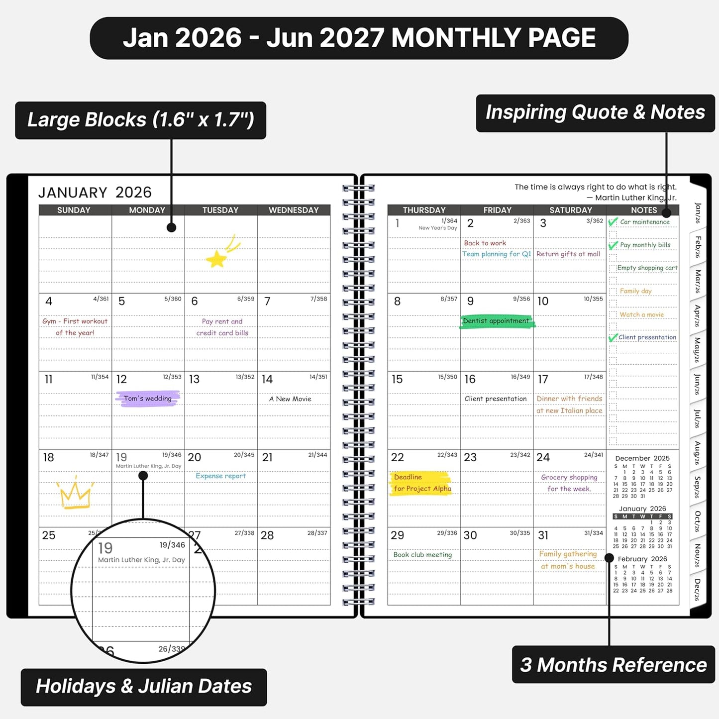 2026-2027 Monthly Planner, 18 Monthly Calendar Planner, January 2026 - June 2027, 8’’ x 10’’, 2026 Spiral Agenda with Tabs ＆Pocket, Flexible Cover, Organizer Notebook for Office Home School, Black