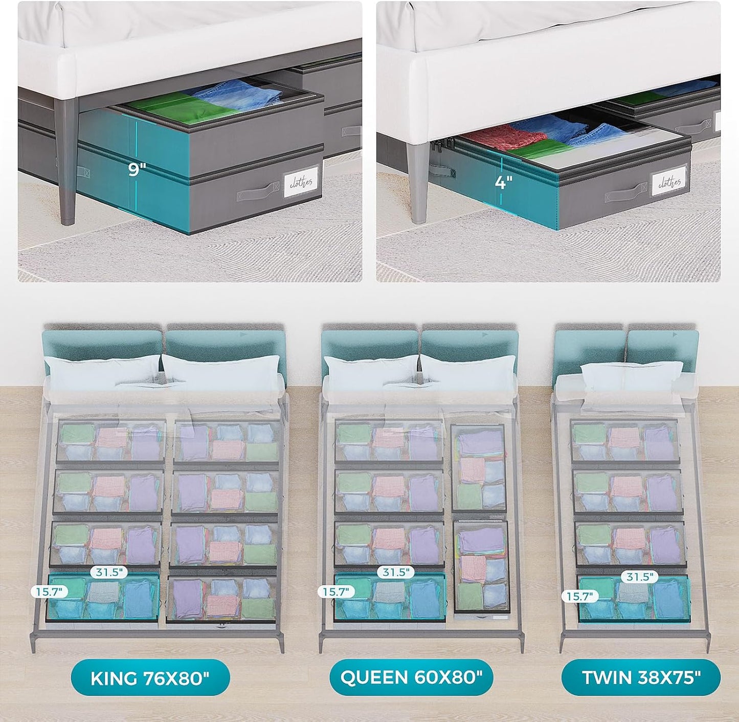 【4 compartments】2 Pack Under Bed Storage, Double Layer Extensible Underbed Storage Containers,Dust-free Clothes Storage Bins with Sturdy Sidewalls/Bottom,PVC Clear Window for Shoes Storage Organizer