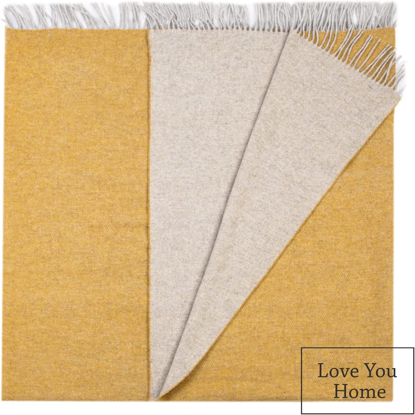LYHome Merino Wool Blanket - Warm Throw for Cold Weather, Warmest Travel Outdoor Camping Blankets, Picnic Army Military Throws, Comforter Soft & Cozy (55 x 79 Mustard Yellow - Light Grey Double-sided)