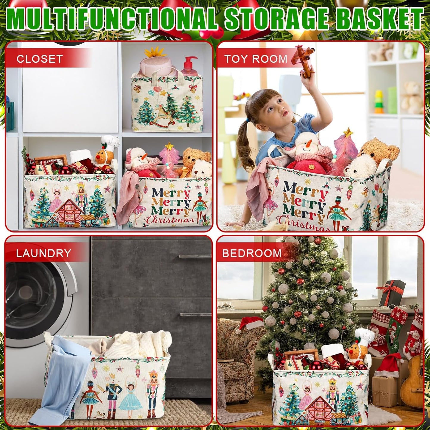 3 Pcs Christmas Nutcracker Baskets for Gifts Empty Christmas Tree Ballet Girl Soldier Storage Bin with Handle Fabric Storage Container Cube Box for Home Office Dorm Closet Shelf Organizer