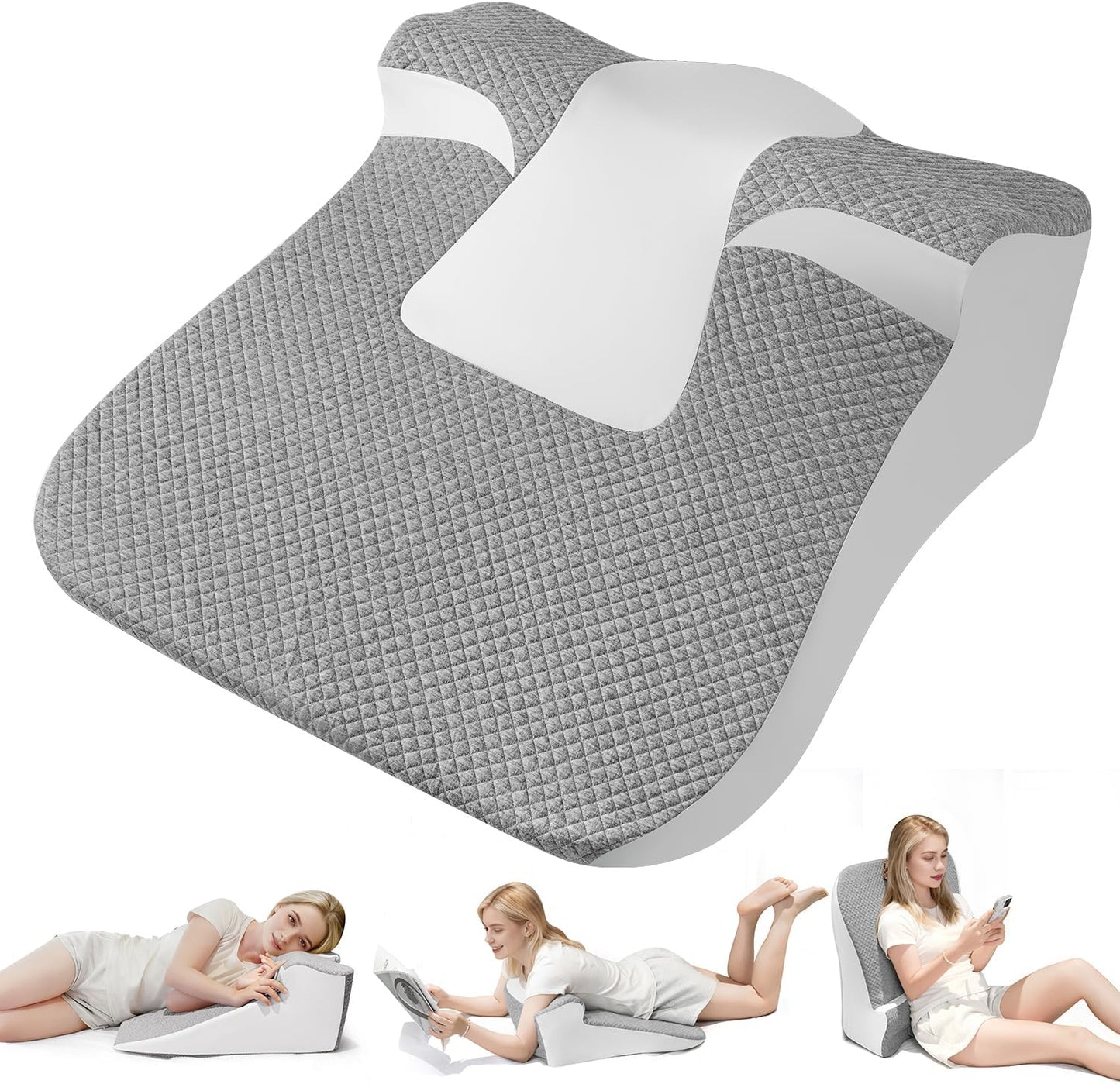 Bed Wedge Pillow for Headboard, Ergonomic Wedge Pillow for Sleep Apnea Memory Foam Reading Pillow for Back, Neck & Head Comfortable Support-Grey