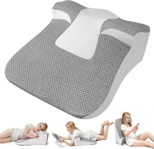 Bed Wedge Pillow for Headboard, Ergonomic Wedge Pillow for Sleep Apnea Memory Foam Reading Pillow for Back, Neck & Head Comfortable Support-Grey