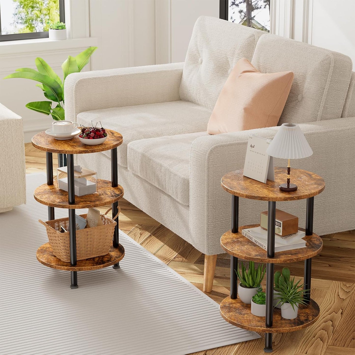 Simple Trending End Table Living Room, Small Round Side Table, 3 Tiers Accent Table for Small Spaces, Rustic Brown