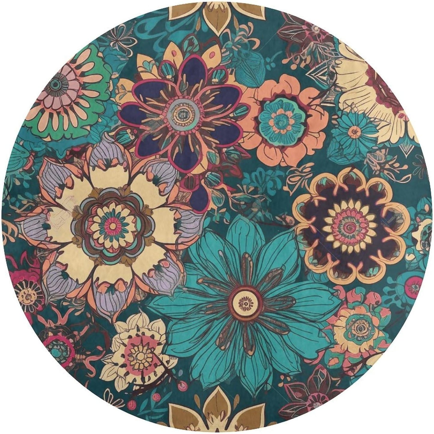 Bohemian Flower Circle Rug Retro Luxury Coral Velvet Floor Mat Non Slip Soft Indoor Floor Carpet Comfy Thickened Area Rugs Modern Aesthetic Minimalist Carpets for Home Decor
