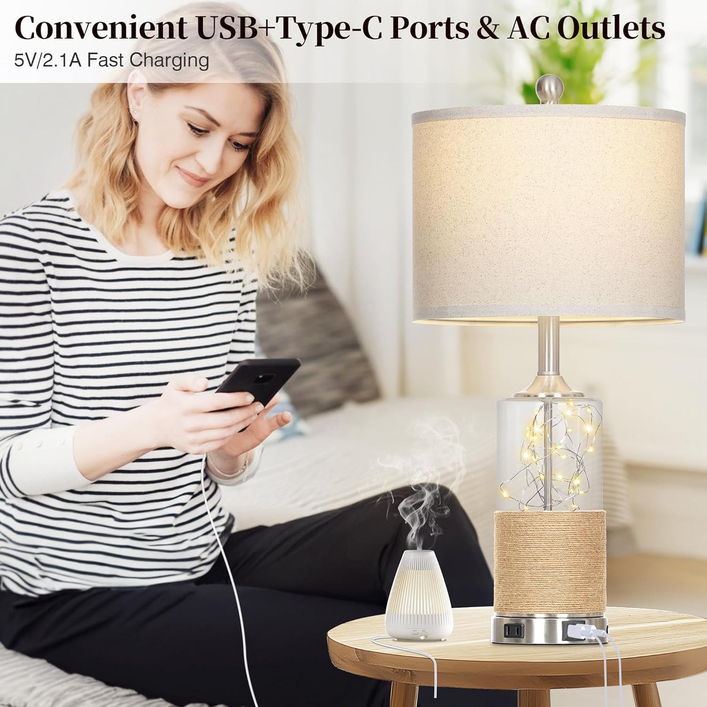 25" Coastal Glass Lamps Set of 2, Touch Control 3-Way Dimmable Night Light Modern Table Lamp with USB A+C Ports & AC Outlets Linen Fabric Shade for Living Room Bedroom Silver Ocean(LED Bulbs Included)