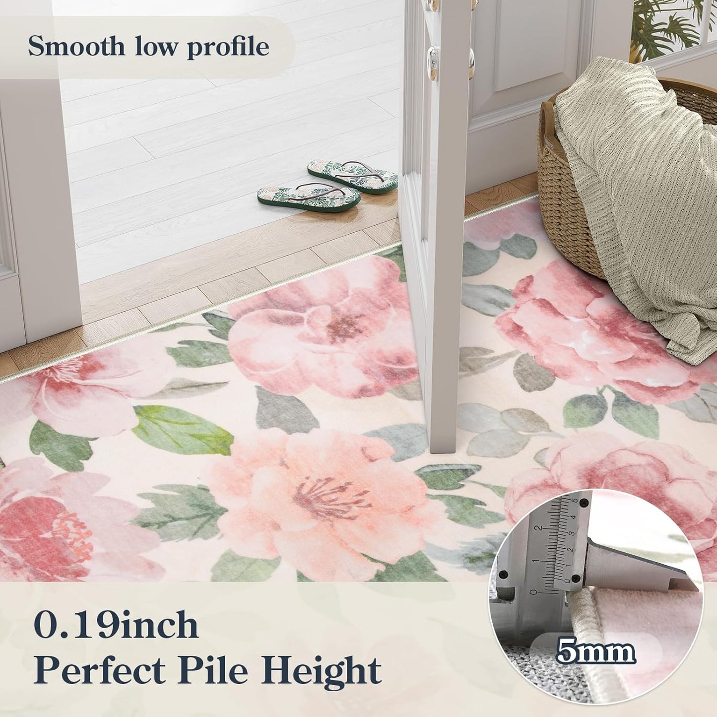 Lahome Floral Nursery Rug 5x7 Area Rugs,Soft Boho Pink Rugs for Bedroom Girls,Low Pile Large Living Room Rug, Home Decor Carpet for Dining Room Playroom Farmhouse, Beige/Multi