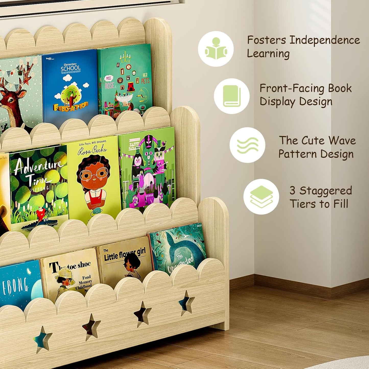 Scalloped Bookshelf for Kids, 3-Tier Front Facing Book Display Shelf, Solid Wood Montessori Bookcase Organizer for Bedroom, Nursery, Playroom & Classroom