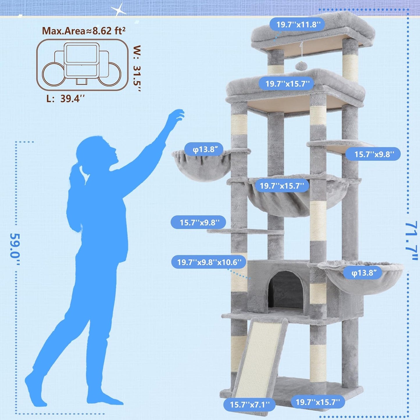 Hey-brother Cat Tree Tower, Scratching Posts with Extra Large Platform and Basket, Specious Condo, 2 Cozy Hammocks, Scratch Board for Indoor Adult Cats, Maine Coon 71.7 inches, Light Gray MPJ080W