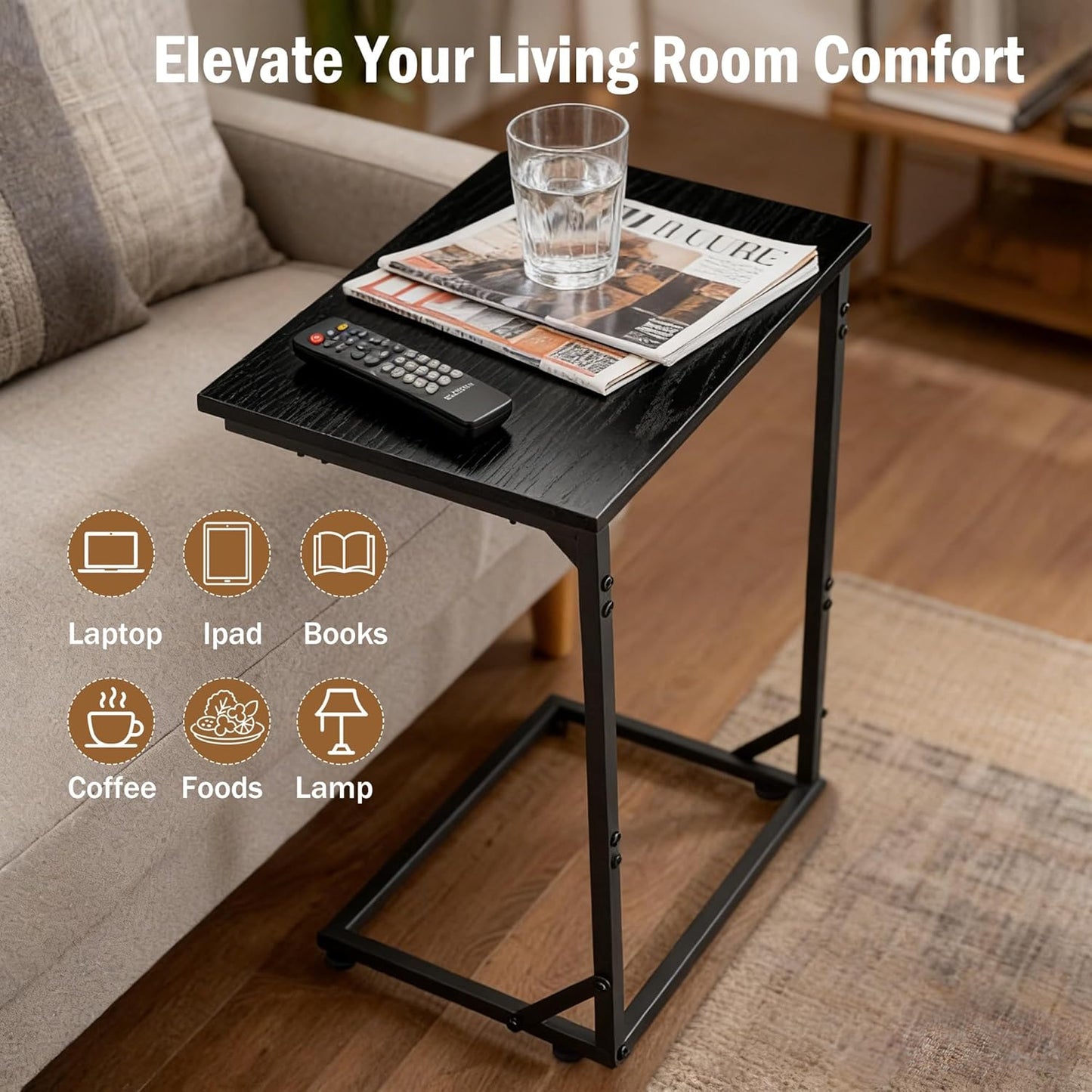 C-Shaped End Table — Slide-Under Sofa, for Laptop / Coffee / Snacks, Easy Assembly, Modern Design