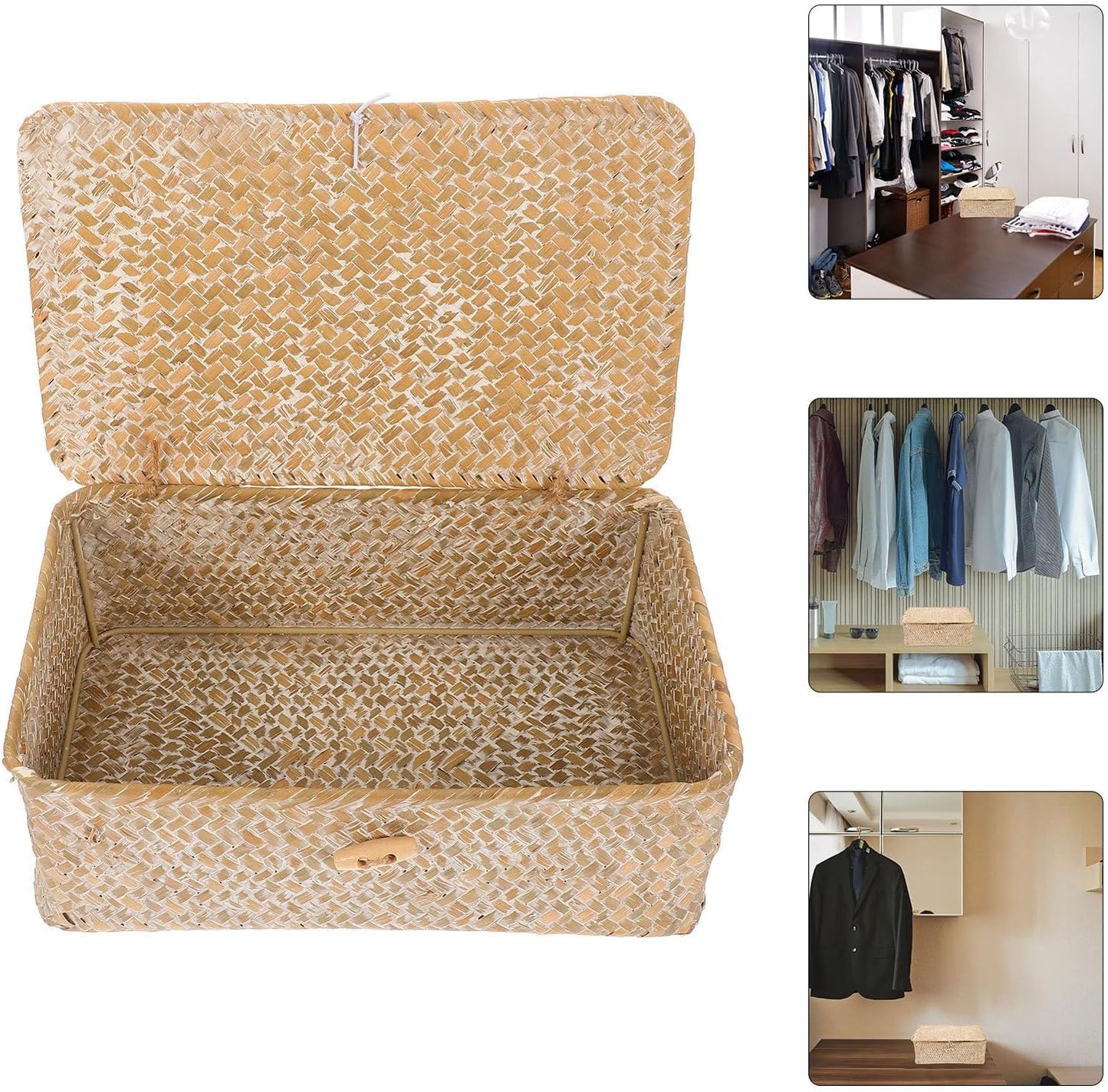 Handwoven Wicker Storage Box with Lid, Rectangular Woven Basket 26x16x10cm, Decorative Living Room and Closet Organizer for Home Storage