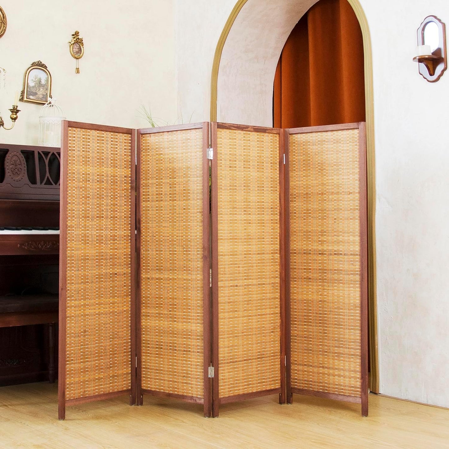 4 Panel Short Room Divider – 3.9 ft Tall Double-Side Folding Privacy Screen, Natural Brown Bamboo Partition Wall for Home Office, Living Room & Corner Spaces