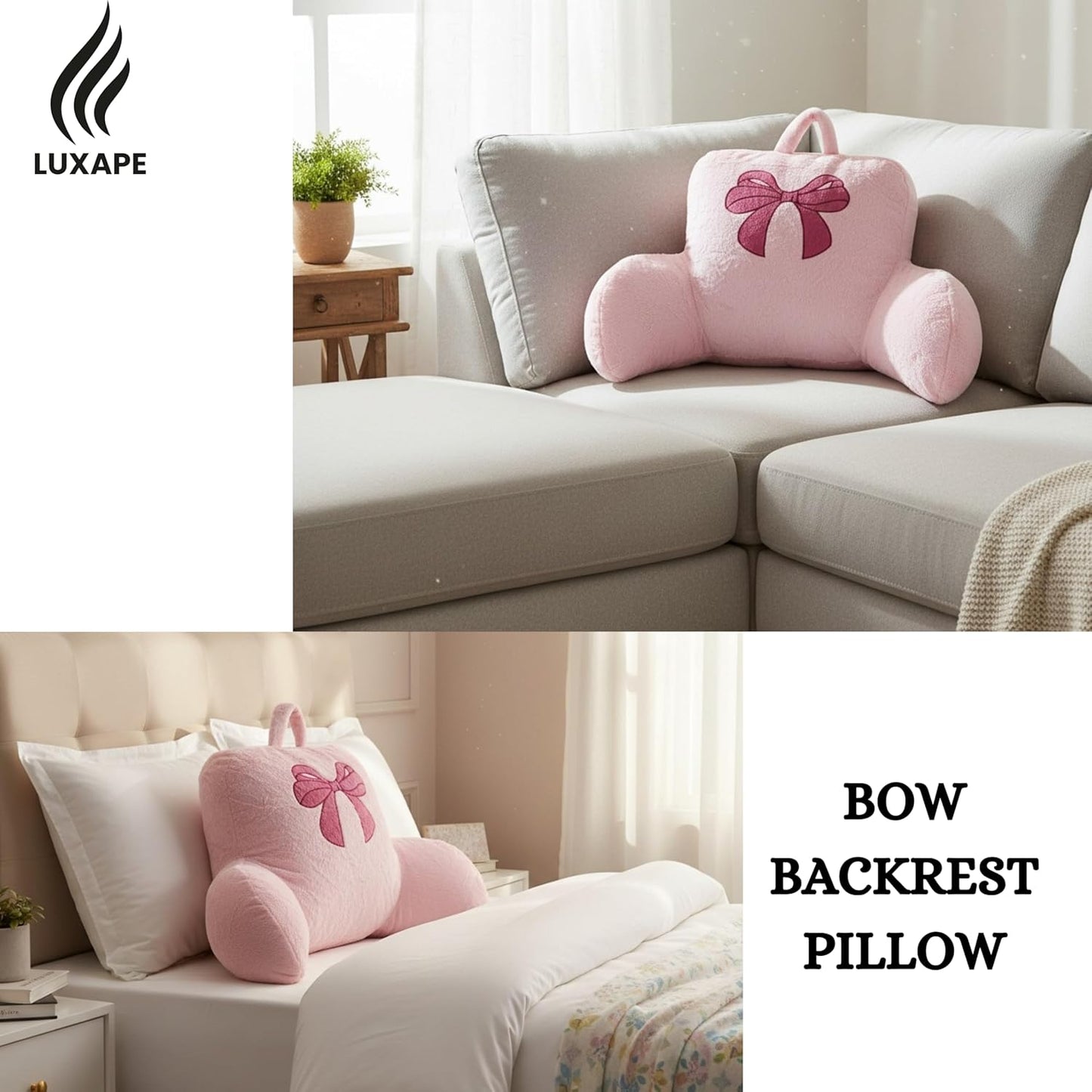 Bow Backrest Pillow Bow Reading Pillow with Pink Bow Design – Soft Plush Fabric Pillow with Armrests for Bed, Couch, Dorm or Lounge – Supportive Bed Rest Cushion, 29 x 16.5 Inches (74 x 42 cm) (Pink)