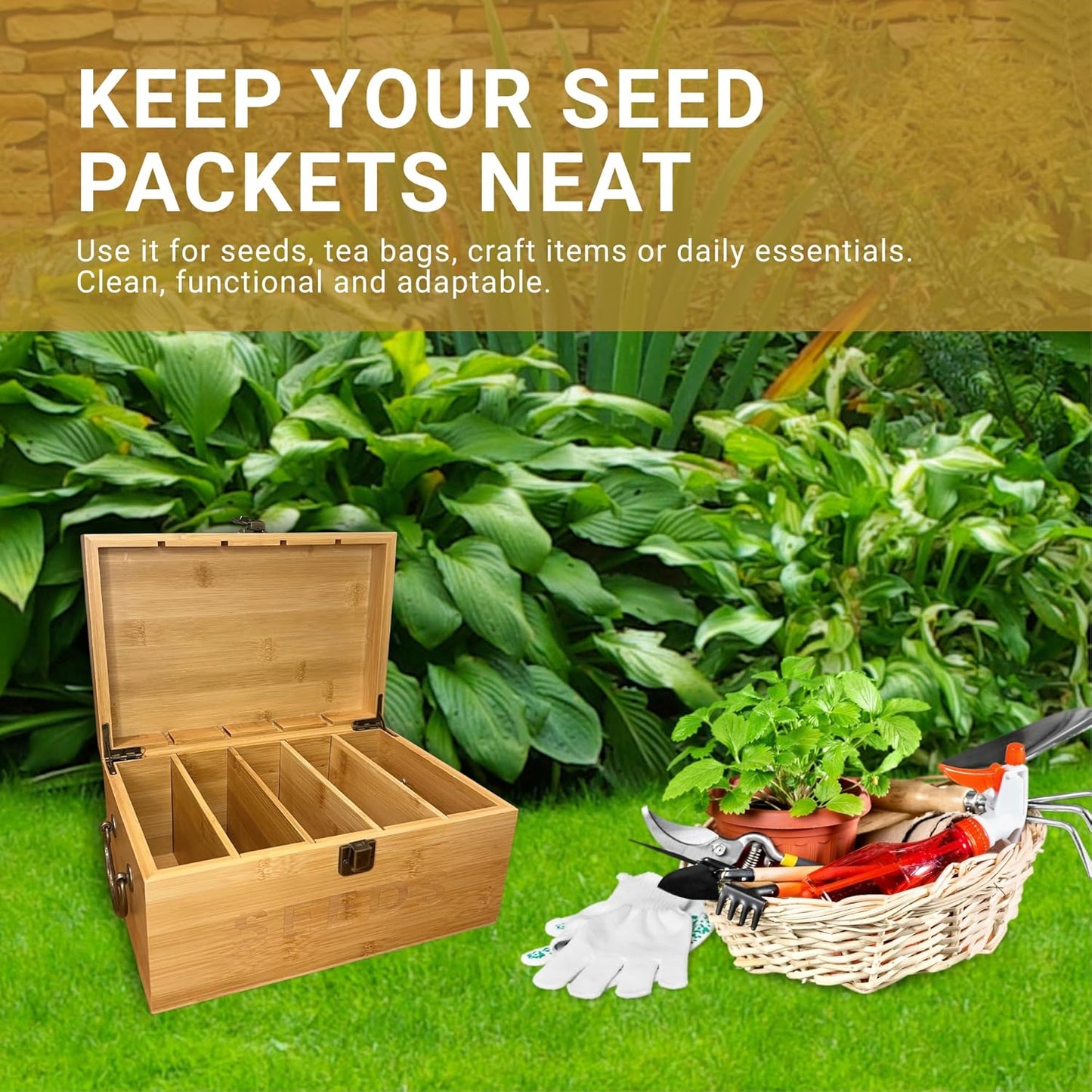 Bamboo Garden Seed Storage Organizer Box, Wooden Seed Box with Removable Dividers, Metal Handle and Latch, Seed Keeper Organizer for Garden Seed Packets and Storage (10.59 x 7 x 5.12 in)