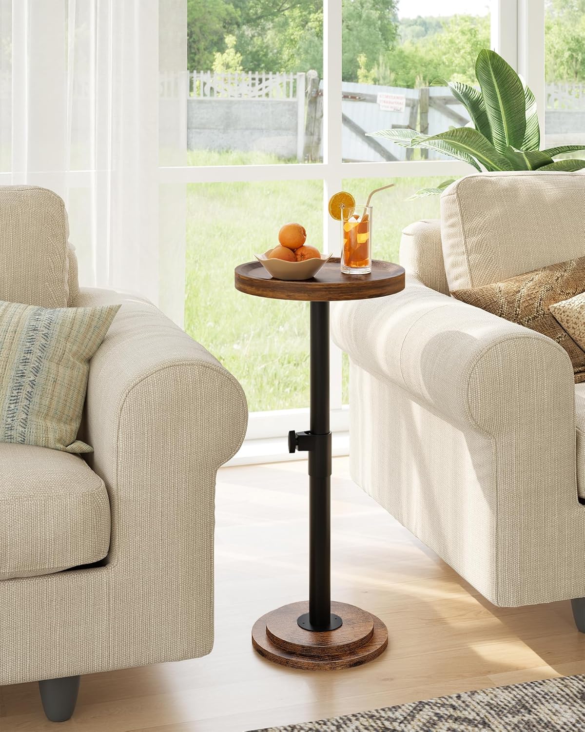 Small Round Side Table, Height Adjustable Drink Table, Pedestal Martini Table with Thickened Base, for Small Space, Sofa, Living Room, Bedroom, Rustic Brown and Black TBZ31BF