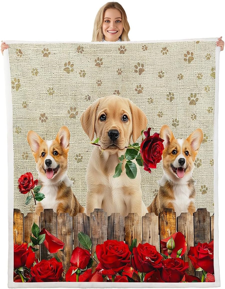Rose Flower Puppy Bed Blanket,Kawaii Pet Dog Throw Blanket for Kids Boys Girls Home Room Decor,Floral Animal Corgi Paws Fleece Blanket,Wooden Stripes Cute Dog Fuzzy Blanket,for Chair/Sofa,90"×90"