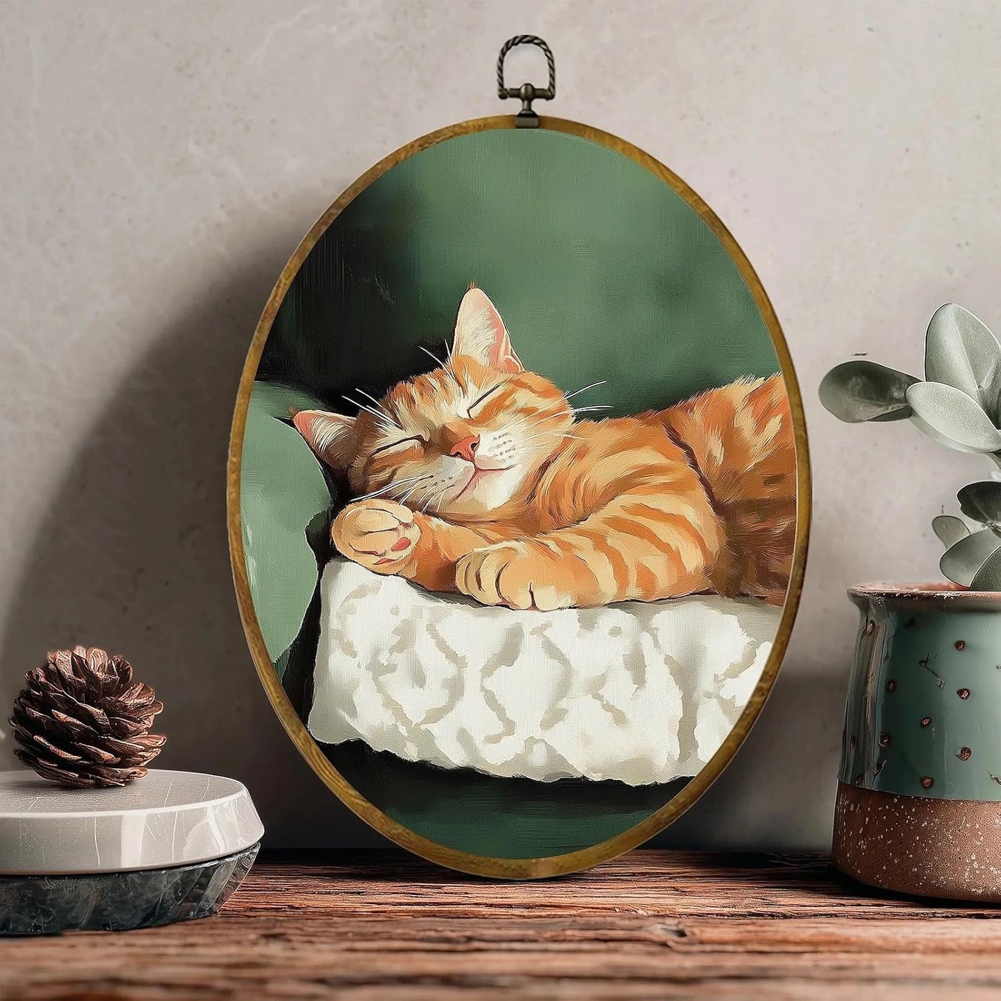 zewepri Sleeping Tabby Wall Art – Vintage-Style Sleeping Cat Canvas Print, 8.6×11.4″ High-Density Canvas with Pre-Installed Hook, Cozy Bedroom & Living Room Decor, Ideal Gift for Art Lovers